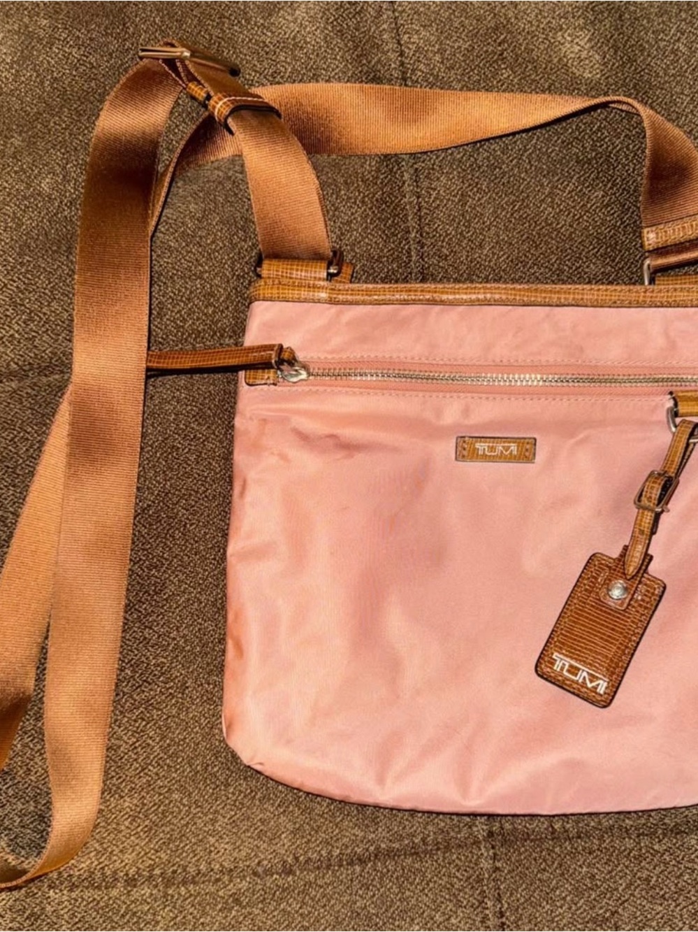 Tumi Pink Crossbody Bag with Brown Trim